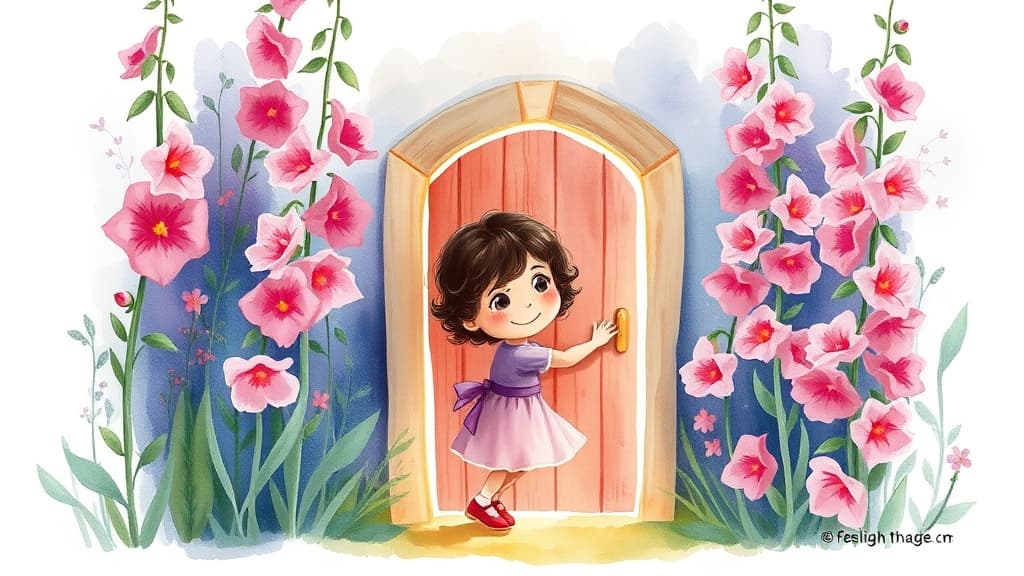 A 4-year-old girl with curly hair pushing open a glowing wooden door hidden among tall pink and purple hollyhock flowers in a twilight garden.